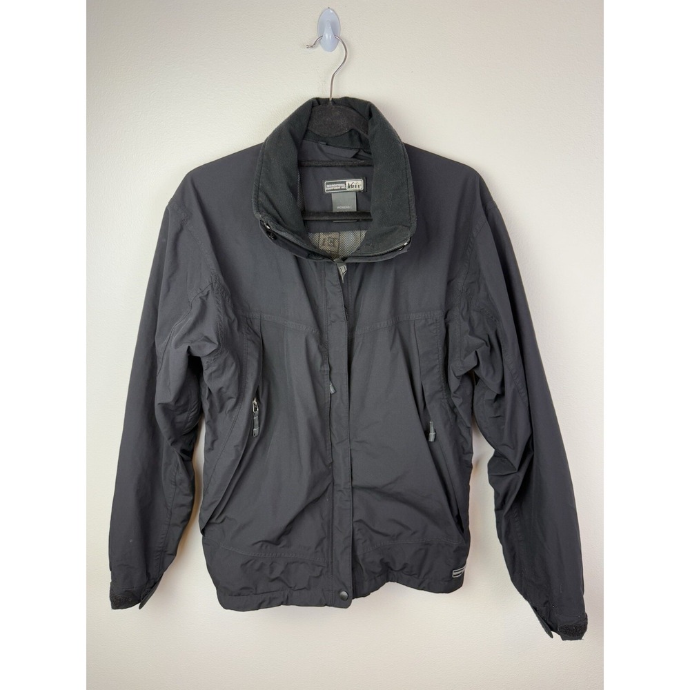 Womens Jacket-REI-black nylon "Elements E1 Windbreaker" hooded-L